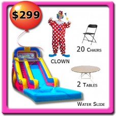 1 Clown - 1 Water Slide - 2 Tables - 20 Chairs